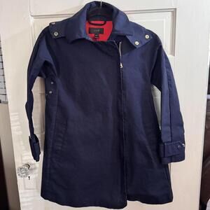 J Crew Hooded Trench Coat Womens PXS Petite Navy Red Lined Cotton C0517 Jacket